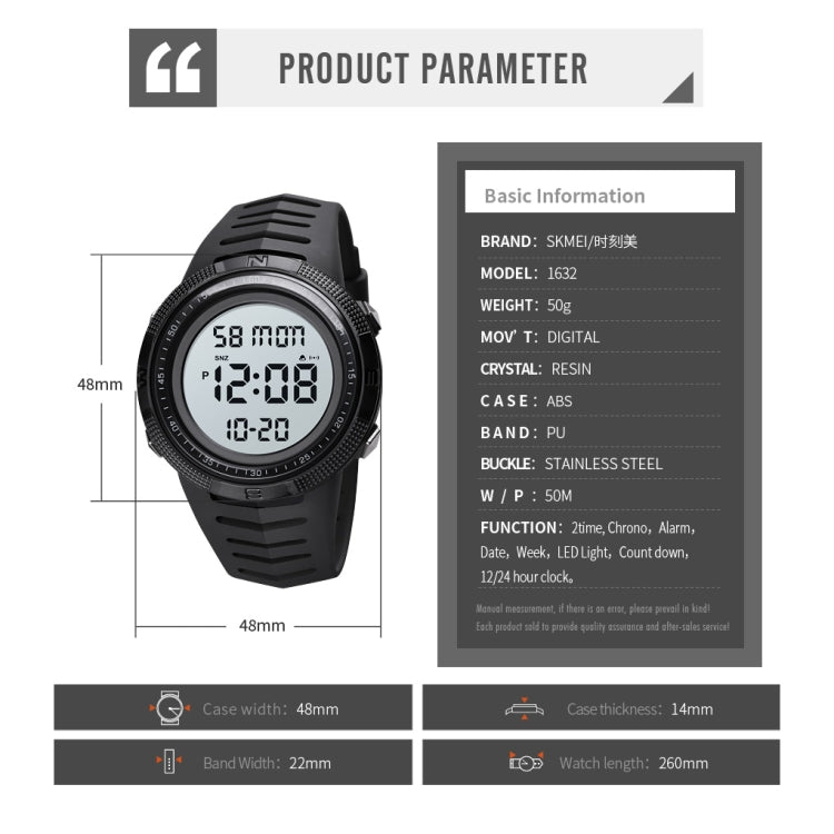 SKMEI 1632 Dual Time Display Luminous Electronic Watch, Support Alarm Clock(Black) - free shipping - PMC TechLife - Order now!