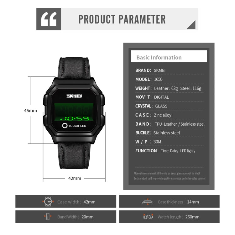 SKMEI 1650 Leather Strap Version LED Digital Display Electronic Watch with Touch Luminous Button(Black Shell Brown Belt) - free shipping - PMC TechLife - Order now!