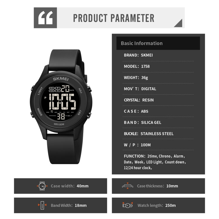 SKMEI 1758 Multifunctional LED Digital Display Luminous Silicone Strap Electronic Watch(Black Silver) - free shipping - PMC TechLife - Order now!