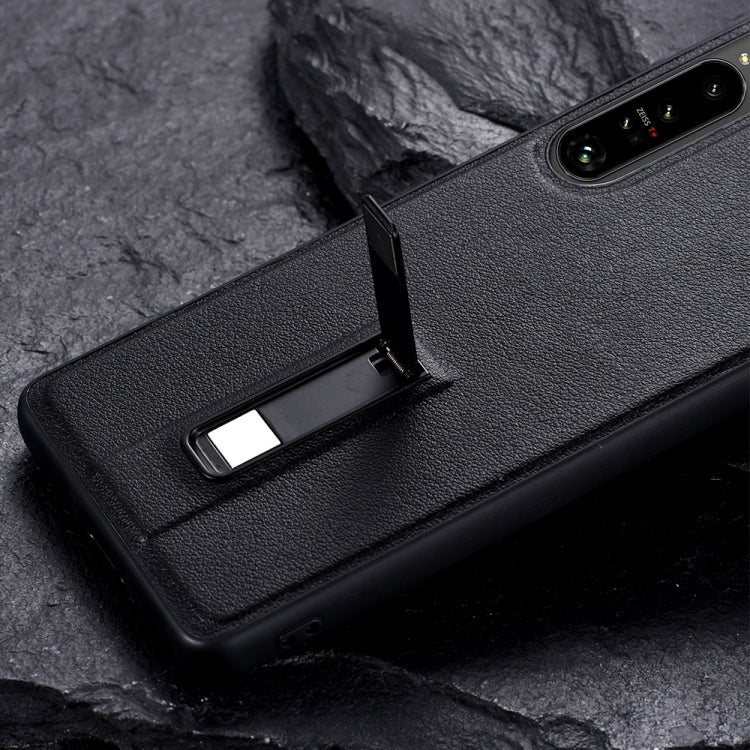 For Sony Xperia 1 III PC + Leather Texture Protective Phone Case with Metal Holder(Black) - Sony Cases by PMC TechLife | Online Shopping South Africa | PMC TechLife
