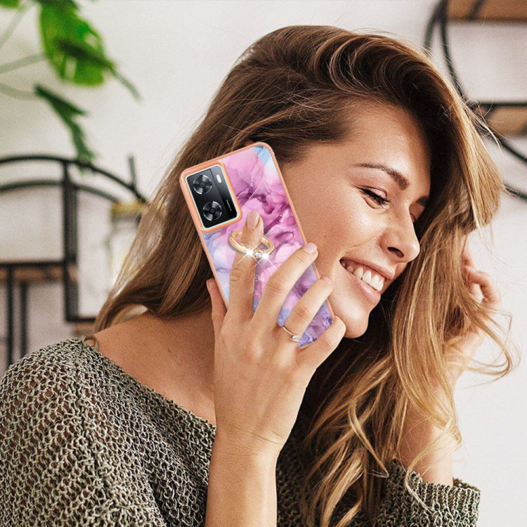 For OPPO A57 4G/A77 5G Taiwan/K10 5G Global Electroplating Marble Dual-side IMD Phone Case with Ring(Pink 013) - OPPO Cases by PMC TechLife | Online Shopping South Africa | PMC TechLife