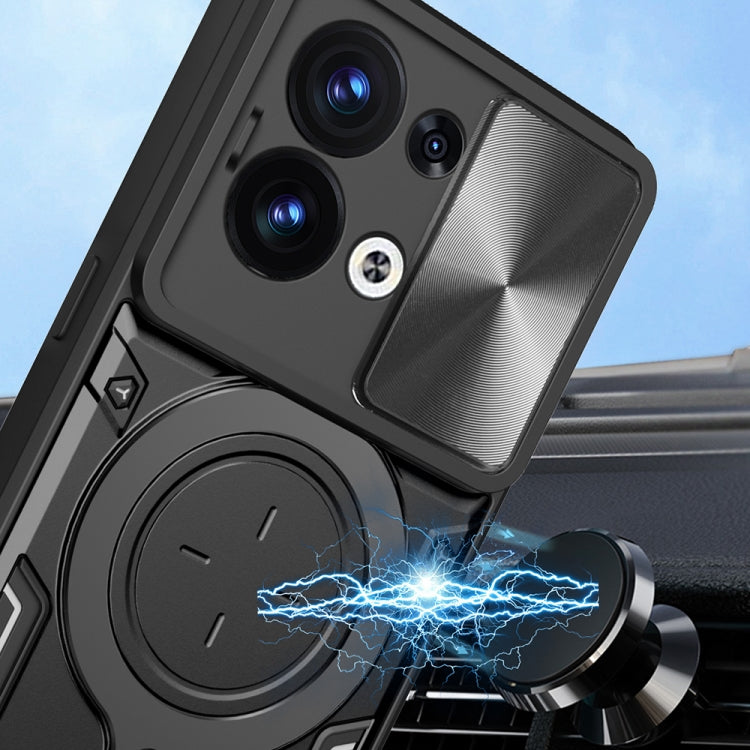 For OPPO Reno8 5G CD Texture Sliding Camshield Magnetic Holder Phone Case(Black) - OPPO Cases by PMC TechLife | Online Shopping South Africa | PMC TechLife | Buy Now Pay Later Mobicred