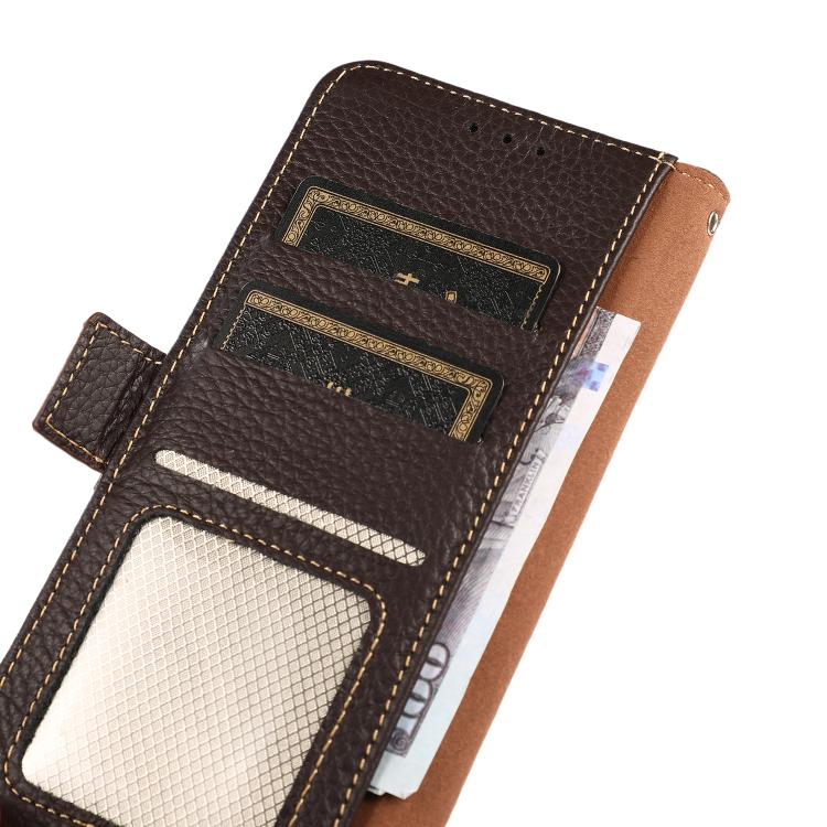 For Motorola Moto G15 4G / G05 KHAZNEH Side-Magnetic Litchi Genuine Leather RFID Phone Case(Brown) - Motorola Cases by PMC TechLife | Online Shopping South Africa | PMC TechLife | Buy Now Pay Later Mobicred