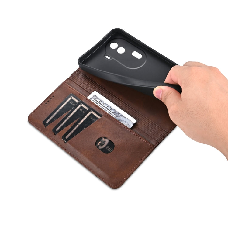 For OPPO Reno11 China AZNS Magnetic Calf Texture Flip Leather Phone Case(Dark Brown) - free shipping - PMC Jewellery - Order now!