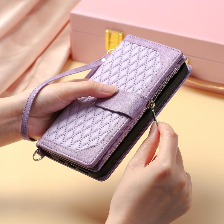 For iPhone 16e Grid Texture Zipper Leather Phone Case with Lanyard(Purple) - iPhone 16e Cases by PMC TechLife | Online Shopping South Africa | PMC TechLife | Buy Now Pay Later Mobicred
