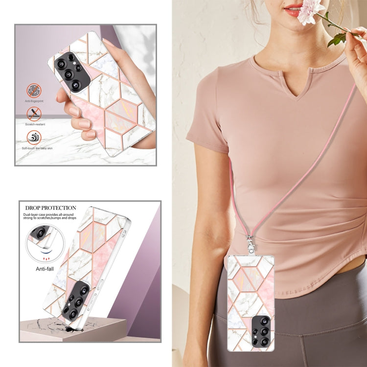 For Samsung Galaxy S25 Ultra 5G Electroplating IMD Splicing Dual-side Marble TPU Phone Case with Lanyard(Pink White) - free shipping - PMC TechLife - Order now!