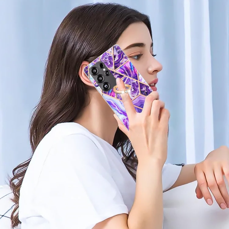 For Samsung Galaxy S25 Ultra 5G Splicing Marble Flower IMD TPU Phone Case Ring Holder(Dark Purple) - Galaxy S25 Ultra 5G Cases by PMC TechLife | Online Shopping South Africa | PMC TechLife | Buy Now Pay Later Mobicred