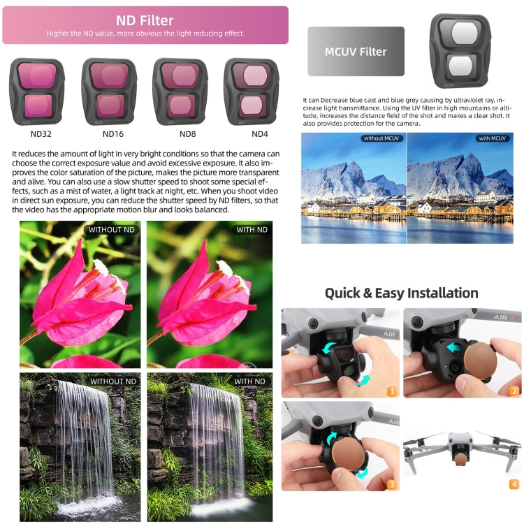 For DJI Air 3 Sunnylife Camera Lens Filter, Filter:6 in 1 MCUV CPL ND4 ND8 ND16 ND32 - free shipping - PMC TechLife - Order now!
