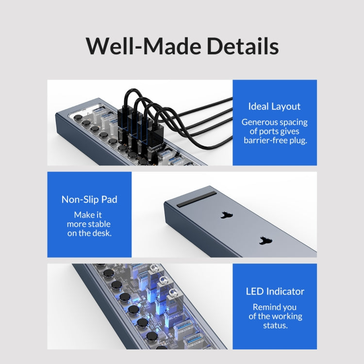 ORICO AT2U3-16AB-GY-BP 16 Ports USB 3.0 HUB with Individual Switches & Blue LED Indicator(AU Plug) - free shipping - PMC Jewellery - Order now!