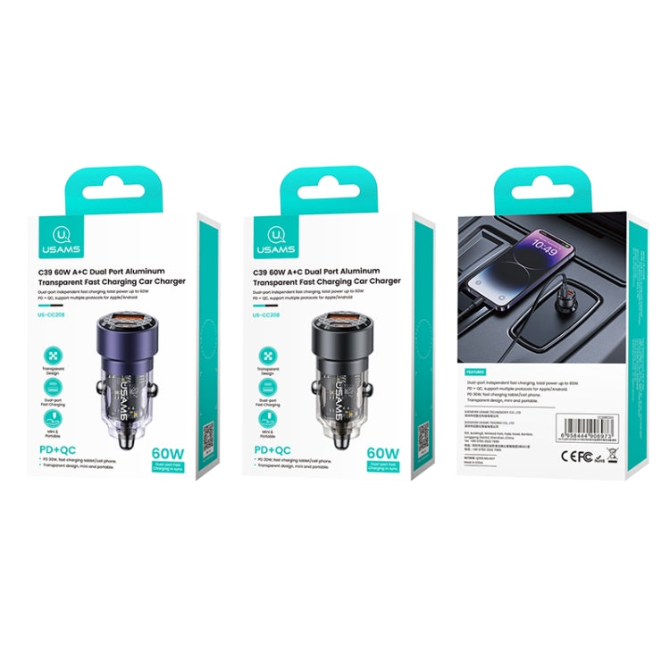 USAMS US-CC208 C39 60W USB + Type-C Dual Port Fast Charging Aluminum Alloy Transparent Car Charger(Black) - Car Charger by USAMS | Online Shopping South Africa | PMC TechLife | Buy Now Pay Later Mobicred