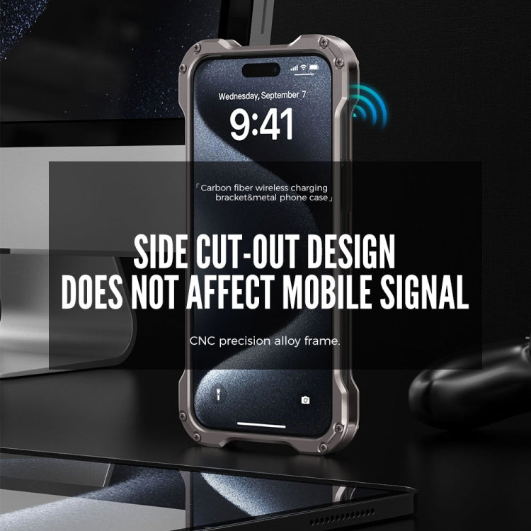 For iPhone 15 R-JUST RJ51-1 Hollow Rotating Holder MagSafe Magnetic Metal Phone Case(Silver Grey) - free shipping - PMC TechLife - Order now!