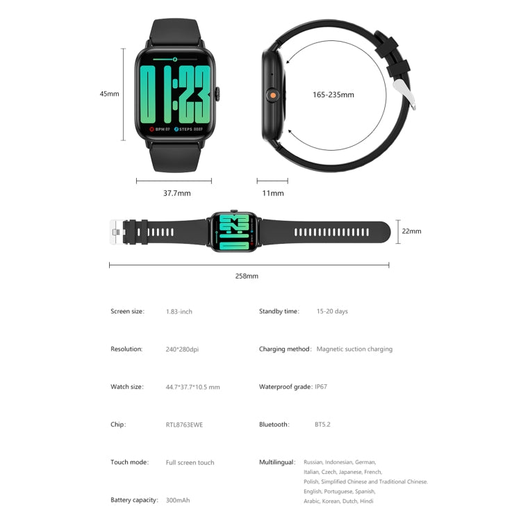 QS13 1.83 inch BT5.2 Smart Sport Watch, Support Bluetooth Call / Sleep / Blood Sugar / Blood Oxygen / Heart Rate / Blood Pressure Health Monitor(Black) - free shipping - PMC TechLife - Order now!