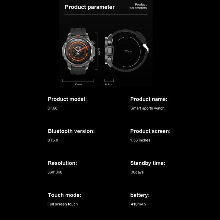 DK68 1.53 inch IP67 BT 5.0 Fitness Sport Smart Watch, Support LED Flashlight / Bluetooth Call / Sleep / Blood Oxygen / Heart Rate / Blood Pressure Health Monitor(Silver) - Smart Watches by PMC TechLife | Online Shopping South Africa | PMC TechLife | Buy Now Pay Later Mobicred