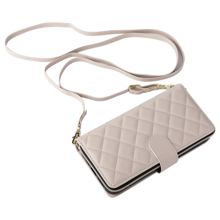 For iPhone 16 Pro Crossbody Rhombic Zipper Tower Buckle Leather Phone Case with Lanyard(Beige) - iPhone 16 Pro Cases by PMC TechLife | Online Shopping South Africa | PMC TechLife | Buy Now Pay Later Mobicred