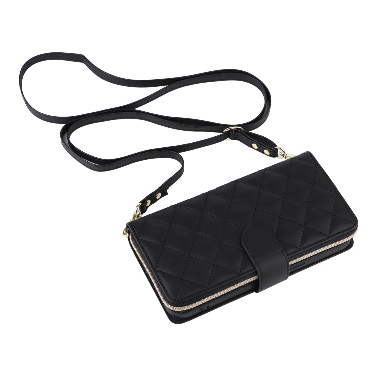 For iPhone 16 Pro Crossbody Rhombic Zipper Tower Buckle Leather Phone Case with Lanyard(Black) - iPhone 16 Pro Cases by PMC TechLife | Online Shopping South Africa | PMC TechLife | Buy Now Pay Later Mobicred