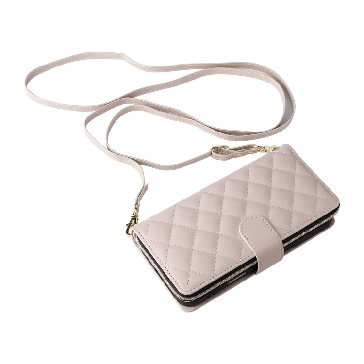 For iPhone 16 Plus Crossbody Rhombic Zipper Tower Buckle Leather Phone Case with Lanyard(Beige) - iPhone 16 Plus Cases by PMC TechLife | Online Shopping South Africa | PMC TechLife | Buy Now Pay Later Mobicred