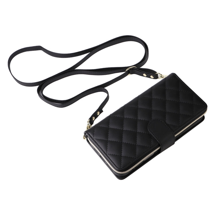 For iPhone 16 Crossbody Rhombic Zipper Tower Buckle Leather Phone Case with Lanyard(Black) - iPhone 16 Cases by PMC TechLife | Online Shopping South Africa | PMC TechLife | Buy Now Pay Later Mobicred