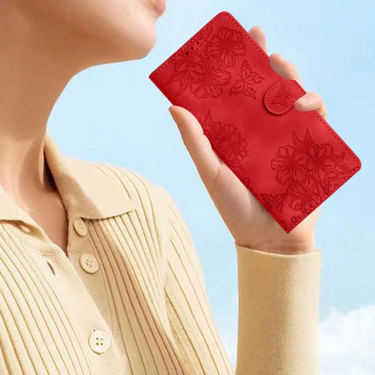 For Samsung Galaxy S25+ 5G Cherry Blossom Butterfly Skin Feel Embossed PU Phone Case(Red) - Galaxy S25+ 5G Cases by PMC Jewellery | Online Shopping South Africa | PMC Jewellery | Buy Now Pay Later Mobicred