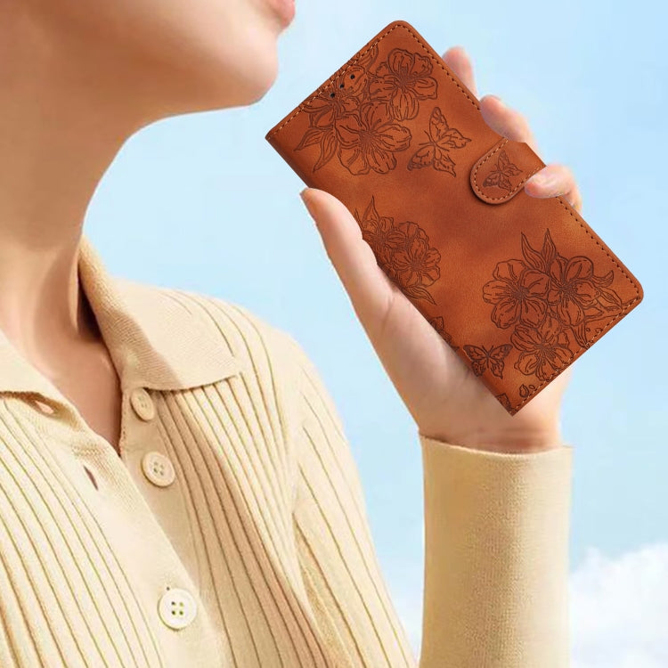 For Samsung Galaxy S25 Ultra 5G Cherry Blossom Butterfly Skin Feel Embossed PU Phone Case(Brown) - Galaxy S25 Ultra 5G Cases by PMC TechLife | Online Shopping South Africa | PMC TechLife | Buy Now Pay Later Mobicred
