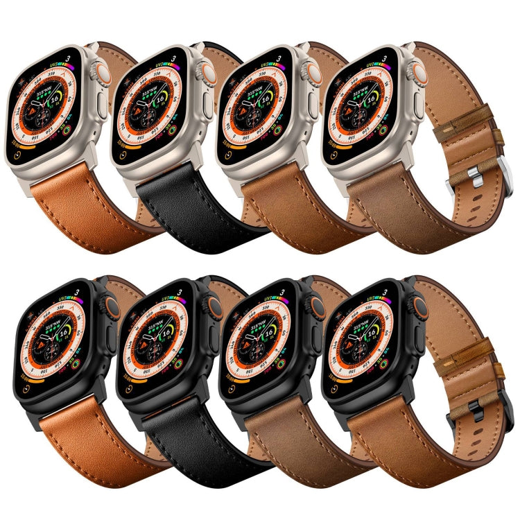 For Apple Watch Ultra 49mm Wilderness Top-grain Leather Watch Band(Black Connector Brown) - Watch Bands by PMC TechLife | Online Shopping South Africa | PMC TechLife | Buy Now Pay Later Mobicred