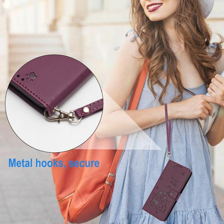 For Motorola Moto G 5G 2024 Embossed Kitten Phone Leather Case with Lanyard(Wine Red) - Motorola Cases by PMC Jewellery | Online Shopping South Africa | PMC Jewellery | Buy Now Pay Later Mobicred