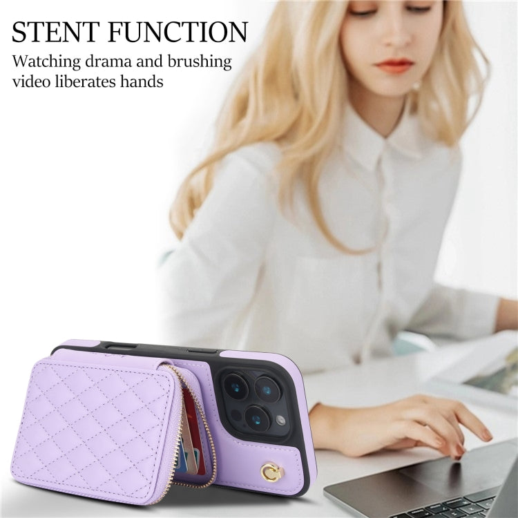For iPhone 16 Pro AwQuer Crossbody Zipper Wallet Rhombic Leather Back Phone Case(Purple) - free shipping - PMC Jewellery - Order now!