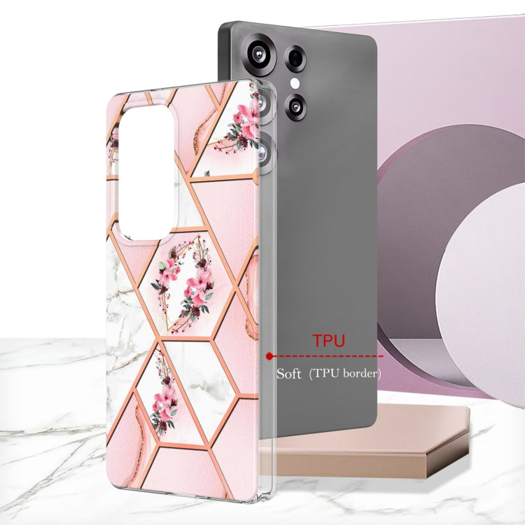 For Samsung Galaxy S25 Ultra 5G Splicing Marble Flower IMD TPU Phone Case(Pink Flower) - Galaxy S25 Ultra 5G Cases by PMC TechLife | Online Shopping South Africa | PMC TechLife | Buy Now Pay Later Mobicred