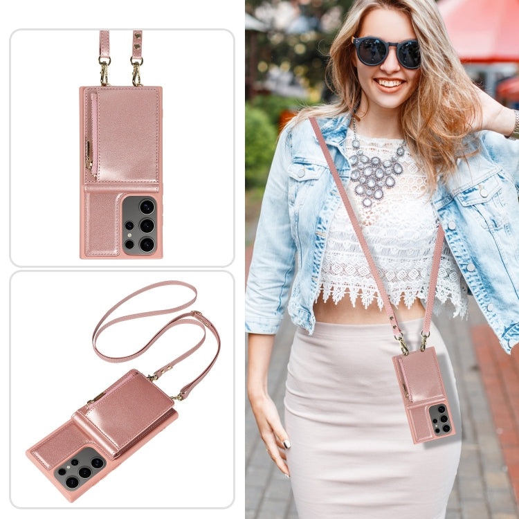 For Samsung Galaxy S25 Ultra 5G Crossbody Lanyard Zipper Wallet Leather Phone Case(Rose Gold) - Galaxy S25 Ultra 5G Cases by PMC TechLife | Online Shopping South Africa | PMC TechLife | Buy Now Pay Later Mobicred