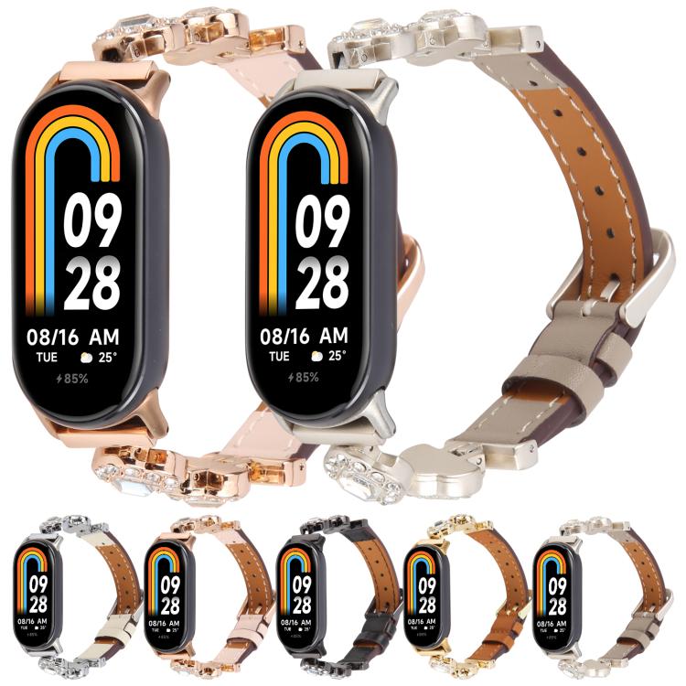 For Xiaomi Smart Band 9 / 8 Metal Diamond Leather Bracelet Watch Band(Silver Creamy White) - Watch Bands by PMc TechLife | Online Shopping South Africa | PMc TechLife | Buy Now Pay Later Mobicred