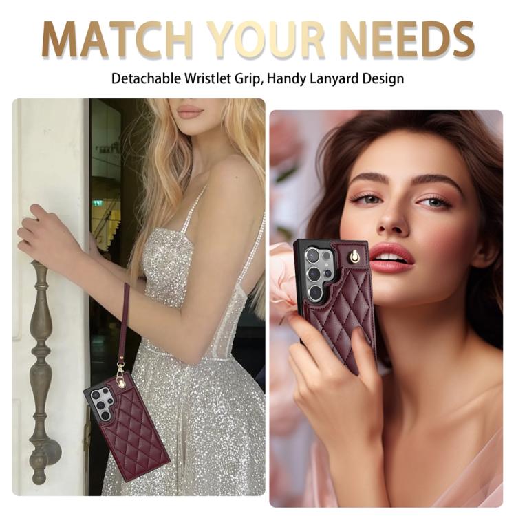 For Samsung Galaxy S25 Ultra 5G Rhombic Dual Buckle Card Slots Phone Case with Lanyard(Wine Red) - Galaxy S25 Ultra 5G Cases by PMC Jewellery | Online Shopping South Africa | PMC Jewellery | Buy Now Pay Later Mobicred