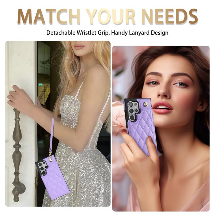 For Samsung Galaxy S25 Ultra 5G Rhombic Dual Buckle Card Slots Phone Case with Lanyard(Purple) - Galaxy S25 Ultra 5G Cases by PMC Jewellery | Online Shopping South Africa | PMC Jewellery | Buy Now Pay Later Mobicred