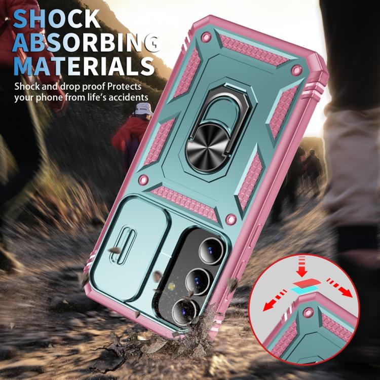 For Samsung Galaxy S25 5G Sliding Camshield TPU Hybrid PC Phone Case with Holder(Green+Pink) - Galaxy S25 5G Cases by PMC Jewellery | Online Shopping South Africa | PMC Jewellery | Buy Now Pay Later Mobicred
