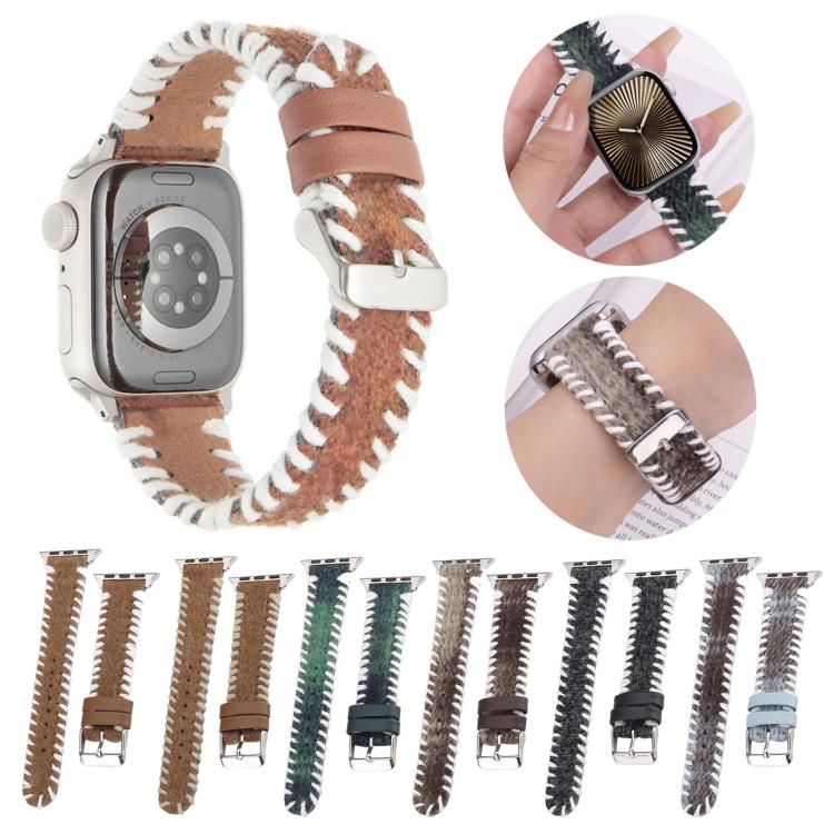 For Apple Watch 46mm / 49mm / 45mm / 44mm Retro Stitched Wool Genuine Leather Watch Band(Green) - free shipping - PMc TechLife - Order now!