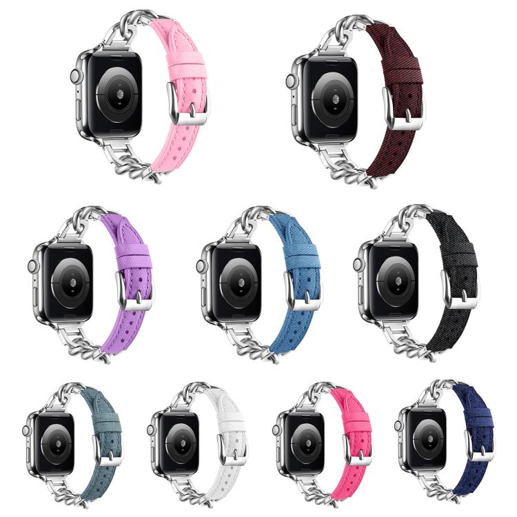 For Apple Watch 46mm / 49mm / 45mm / 44mm Metal Chain Leather Denim Watch Band(Peach Red) - free shipping - PMc TechLife - Order now!