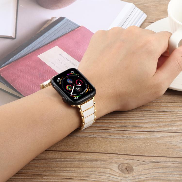For Apple Watch 46mm / 49mm / 45mm / 44mm Three Beads Ceramics 18mm Steel Watch Band(Gold White) - free shipping - PMC TechLife - Order now!
