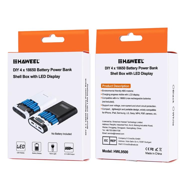 HAWEEL DIY 4 x 18650 Battery (Not Included) 10000mAh Power Bank Shell Box with 2 x USB Output & Display for iPhone, Galaxy, Sony, HTC, Google, Huawei, Xiaomi, Lenovo and other Smartphones(Black) - Power Bank Box by HAWEEL | Online Shopping South Africa | PMC TechLife | Buy Now Pay Later Mobicred