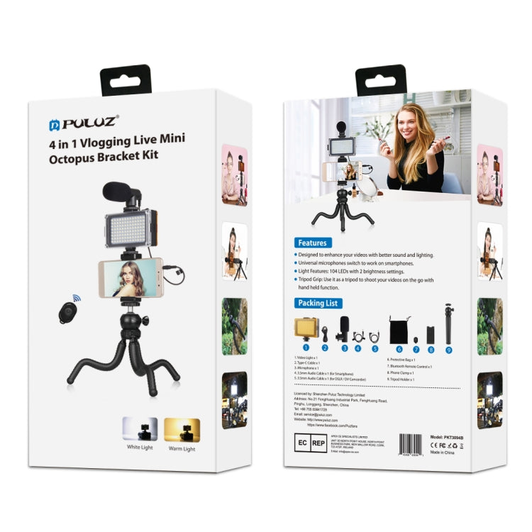 PULUZ 4 in 1 Vlogging Live Mini Octopus Bracket Kit + Studio Light + Microphone + Phone Clamp Kits(Black) - free shipping - PMC TechLife - Order now!