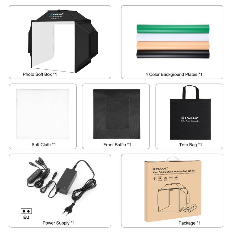PULUZ 40cm Folding 72W 5500K Studio Shooting Tent Soft Box Photography Lighting Kit with 4 Colors (Black, Orange, White, Green) Backdrops(EU Plug) - by PULUZ | Online Shopping South Africa | PMC TechLife | Buy Now Pay Later Mobicred