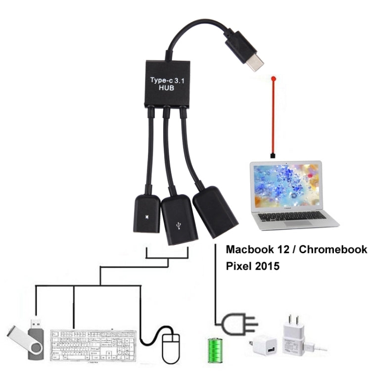 17.8cm 3 Ports USB-C / Type-C 3.1 OTG Charge HUB Cable, For Galaxy S8 & S8 + / LG G6 / Huawei P10 & P10 Plus / Xiaomi Mi 6 & Max 2 and other Smartphones(Black) - USB HUB by PMC TechLife | Online Shopping South Africa | PMC TechLife | Buy Now Pay Later Mobicred