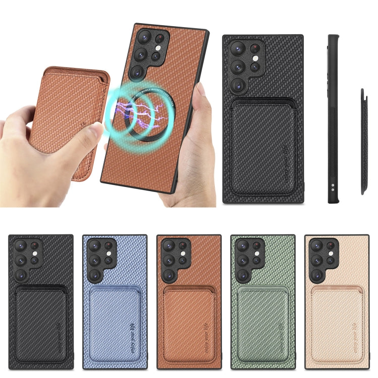 For Samsung Galaxy S23 Ultra 5G Carbon Fiber Leather Card Magsafe Case(Khaki) - Galaxy S23 Ultra 5G Cases by PMC TechLife | Online Shopping South Africa | PMC TechLife