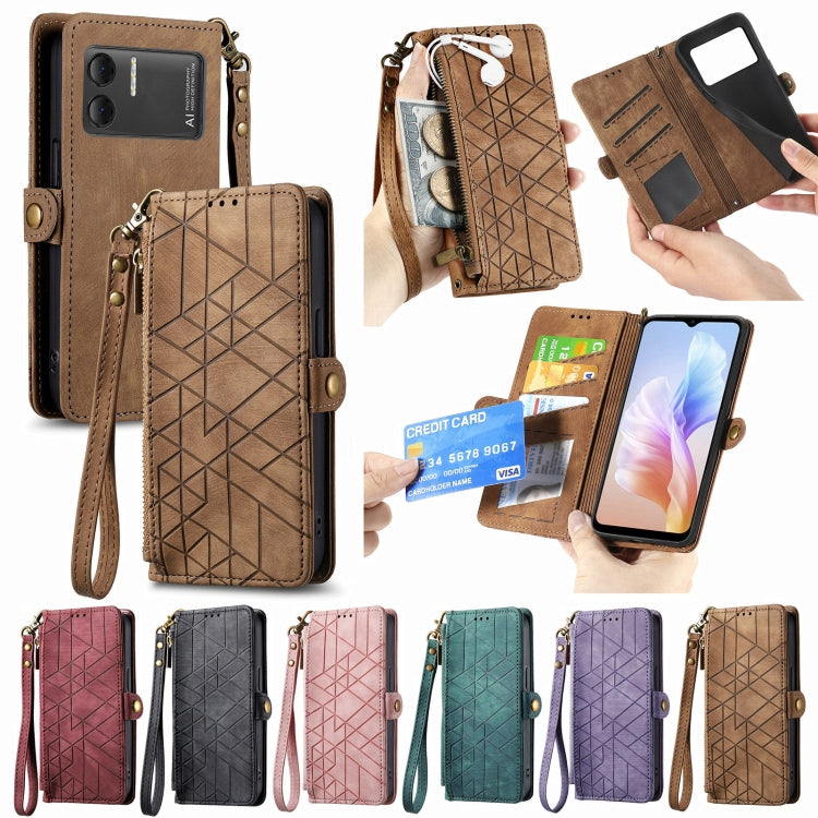For DOOGEE X98 Pro / X98 Geometric Zipper Wallet Side Buckle Leather Phone Case(Brown) - Doogee Cases by PMC TechLife | Online Shopping South Africa | PMC TechLife | Buy Now Pay Later Mobicred