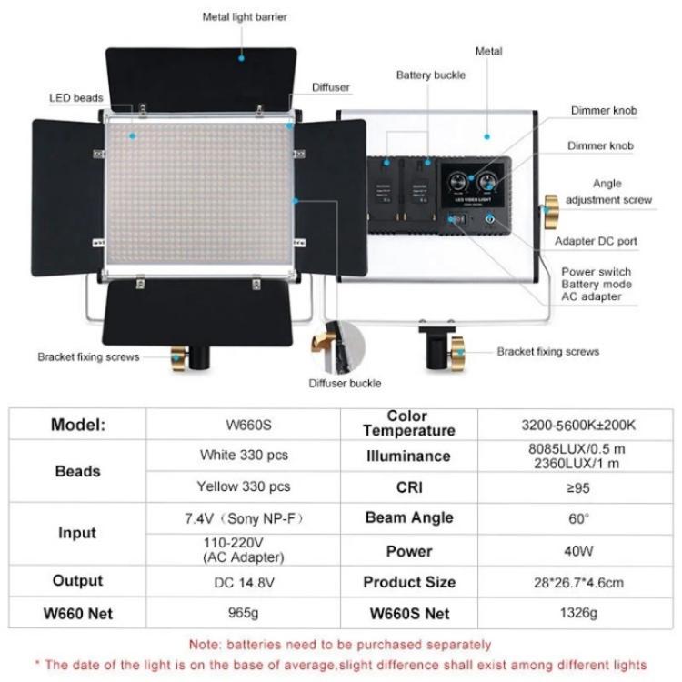 VLOGLITE W660S For Video Film Recording 3200-5600K Lighting LED Video Light with Tripod, Plug:US Plug - free shipping - PMC TechLife - Order now!