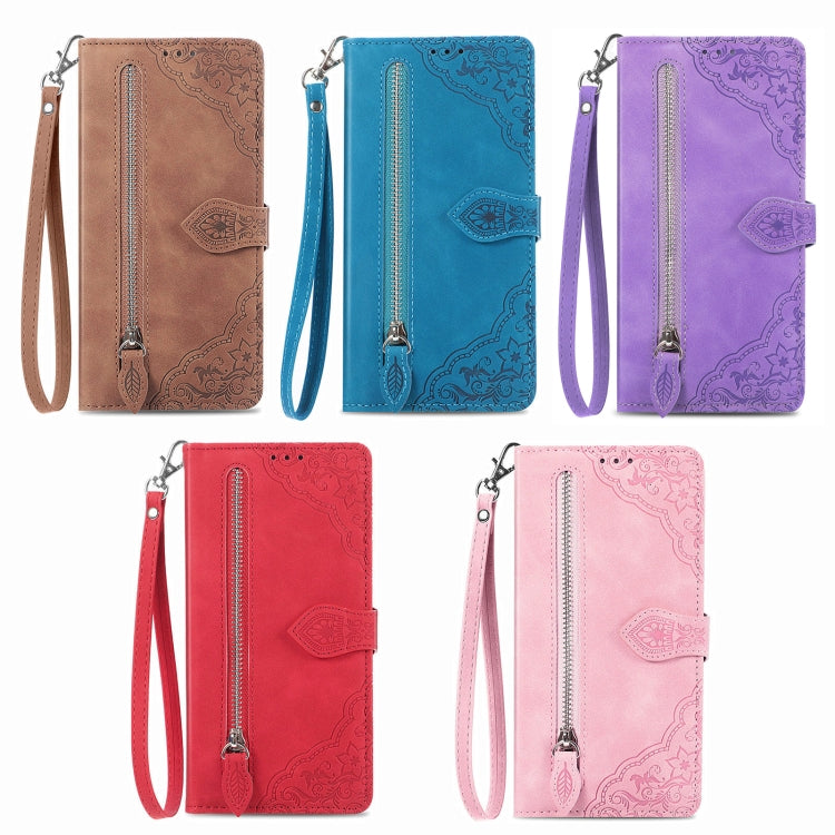 For Xiaomi 14 Pro Embossed Flower Zipper Leather Phone Case(Pink) - 14 Pro Cases by PMC TechLife | Online Shopping South Africa | PMC TechLife | Buy Now Pay Later Mobicred