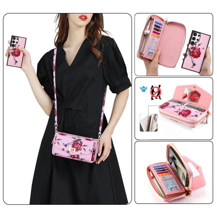 For Samsung Galaxy S24 Ultra 5G Flower Multi-functional Crossbody Zipper Wallet Leather Phone Case(Pink) - Galaxy S24 Ultra 5G Cases by PMC Jewellery | Online Shopping South Africa | PMC Jewellery | Buy Now Pay Later Mobicred