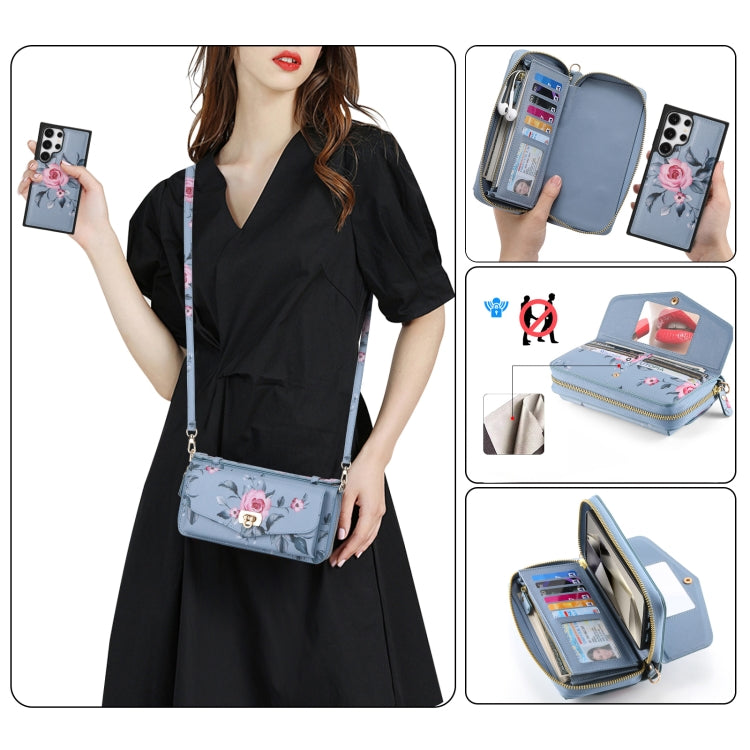 For Samsung Galaxy S24 Ultra 5G Flower Multi-functional Crossbody Zipper Wallet Leather Phone Case(Blue) - Galaxy S24 Ultra 5G Cases by PMC Jewellery | Online Shopping South Africa | PMC Jewellery | Buy Now Pay Later Mobicred
