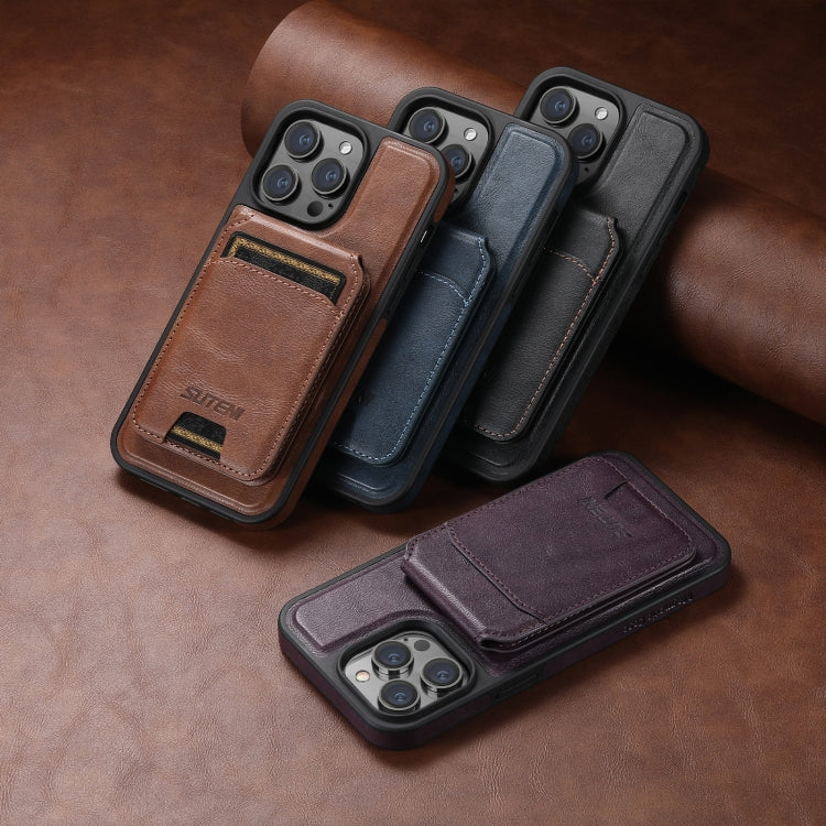 For iPhone 15 Suteni M2 Oil Wax MagSafe Horizontal Card Bag Phone Case(Black) - free shipping - PMC Jewellery - Order now!