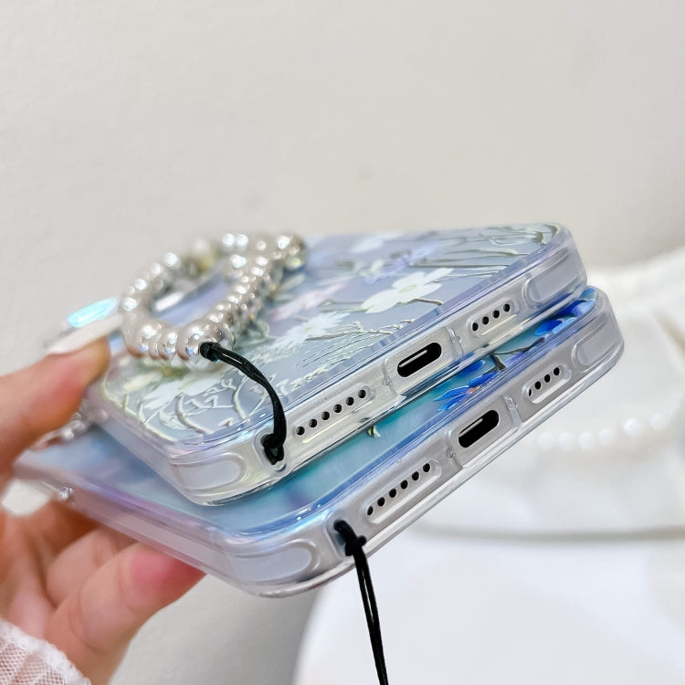 For iPhone 16 Electroplating Laser Flower Phone Case with Wrist Strap(Flower AH6) - iPhone 16 Cases by PMC TechLife | Online Shopping South Africa | PMC TechLife | Buy Now Pay Later Mobicred