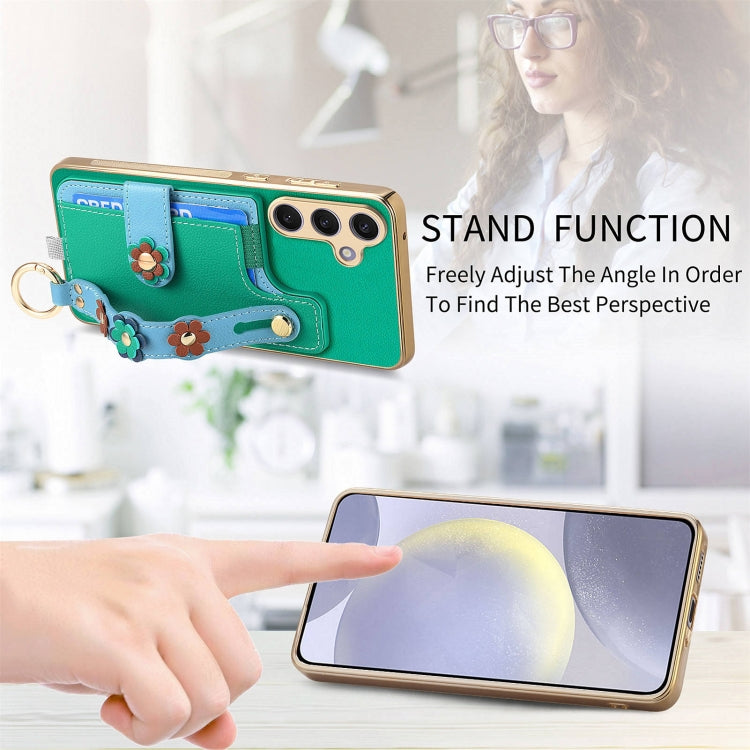 For Samsung Galaxy S24+ 5G Stereoscopic Flowers Wristband Card Bag Phone Case(Green) - Galaxy S24+ 5G Cases by PMC Jewellery | Online Shopping South Africa | PMC Jewellery | Buy Now Pay Later Mobicred
