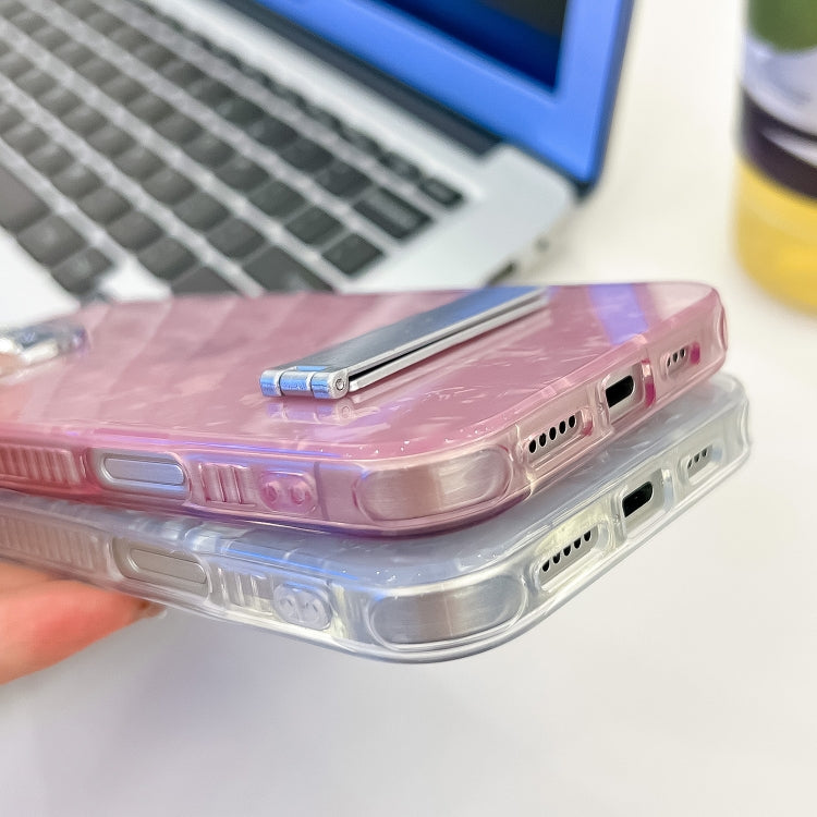 For iPhone 16e Plating Glitter Texture Fold Holder TPU Phone Case with Lens Film(White Wrinkles) - iPhone 16e Cases by PMC TechLife | Online Shopping South Africa | PMC TechLife | Buy Now Pay Later Mobicred