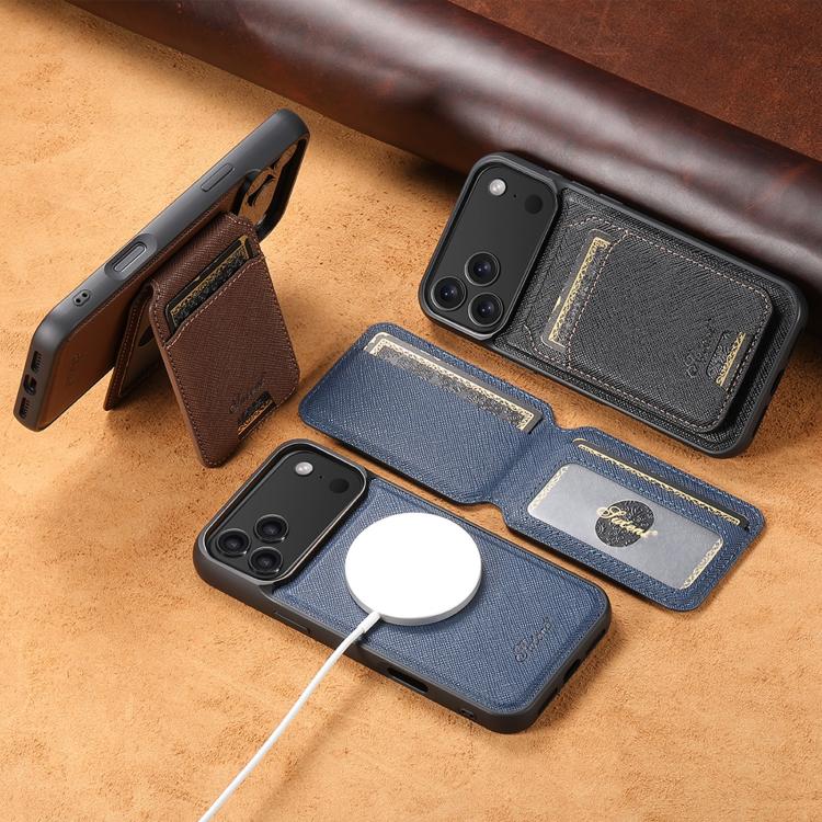 For iPhone 13 Suteni H18 Cross Grain MagSafe Wallet Leather Phone Case(Brown) - free shipping - PMC Jewellery - Order now!
